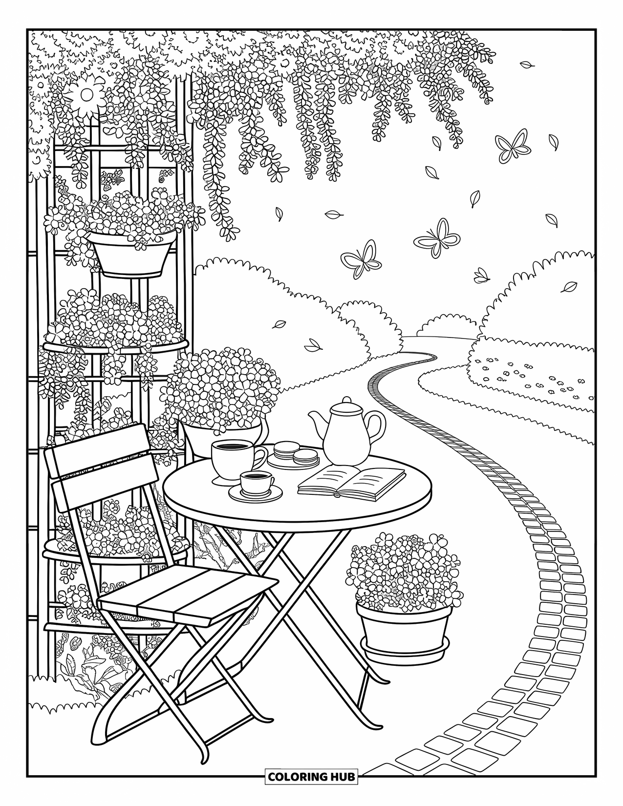 Relaxing Coloring Page for Adults: A sweet garden tea table rests under flowers with books and butterflies