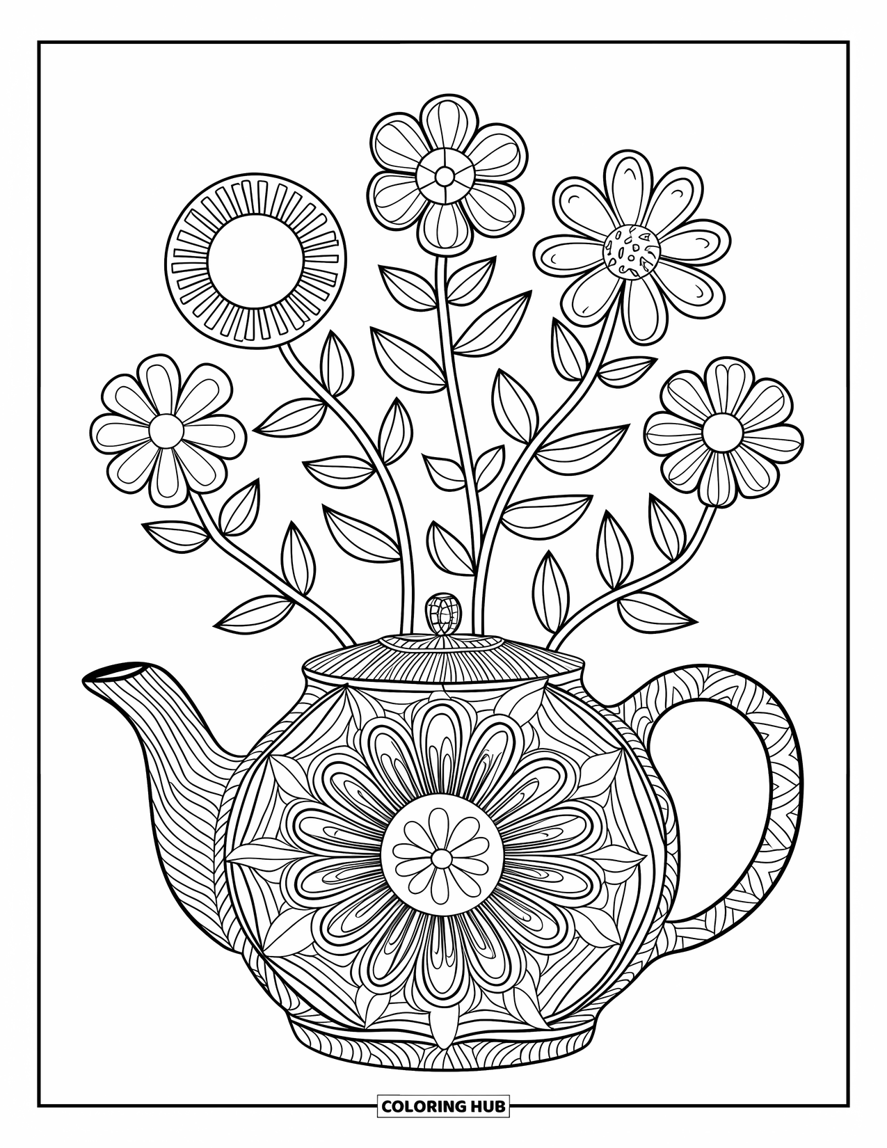 Relaxing Coloring Page for Adults: A teapot with petals unfolding around it glows with quiet charm