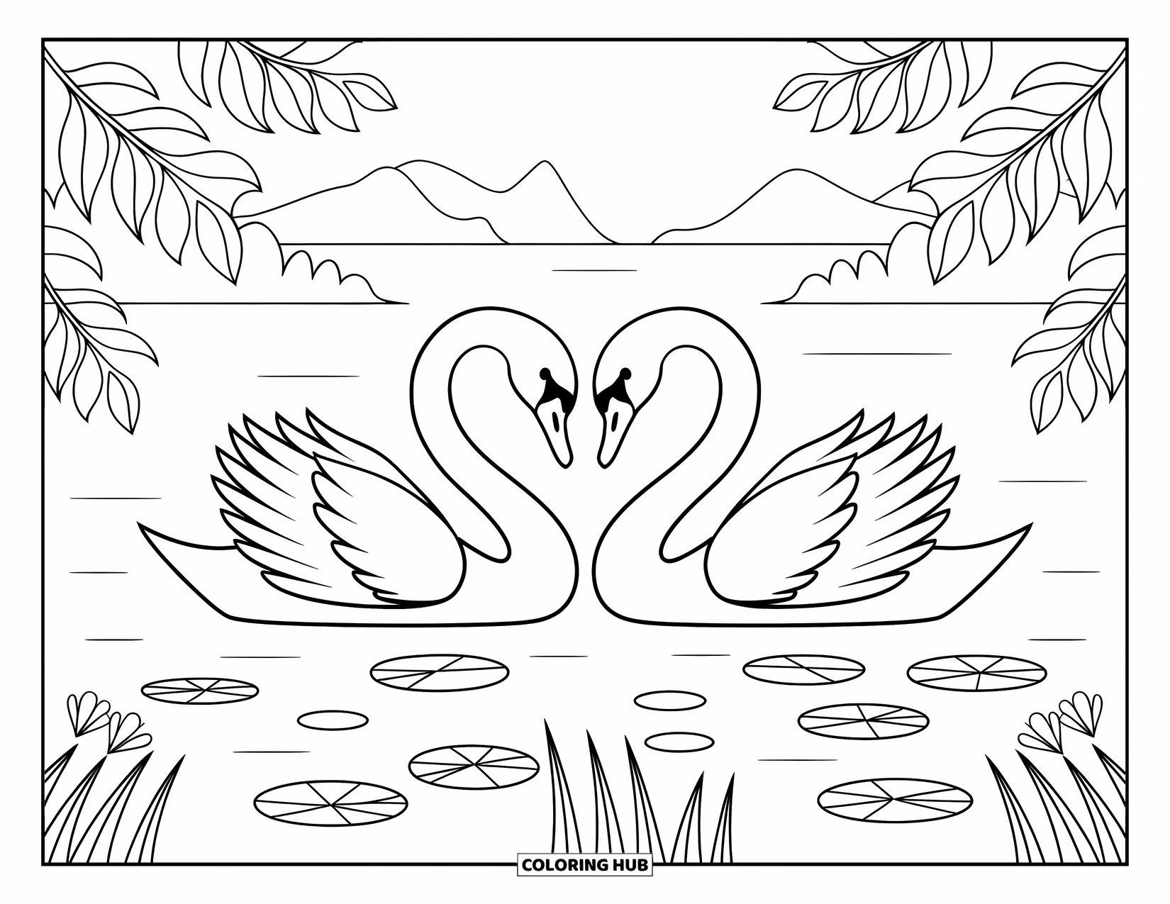 Relaxing Coloring Page for Adults: Two swans drift together, forming a heart amid lilies and gentle trees