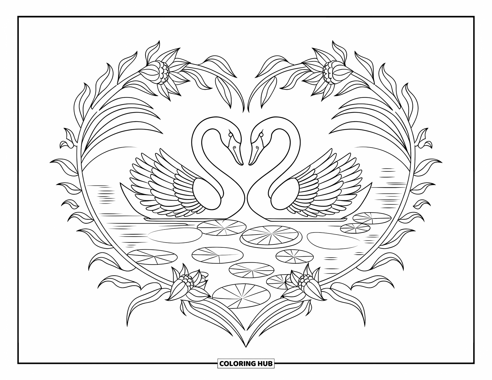 Relaxing Coloring Page for Adults: Two swans mirror each other in a lake filled with lilies and reflections
