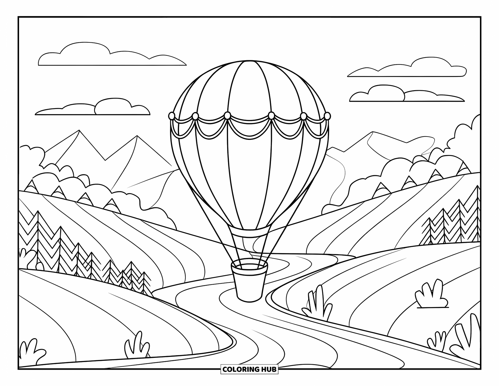 Relaxing Coloring Page for Kids: A balloon drifts calmly over rivers and rolling green hills