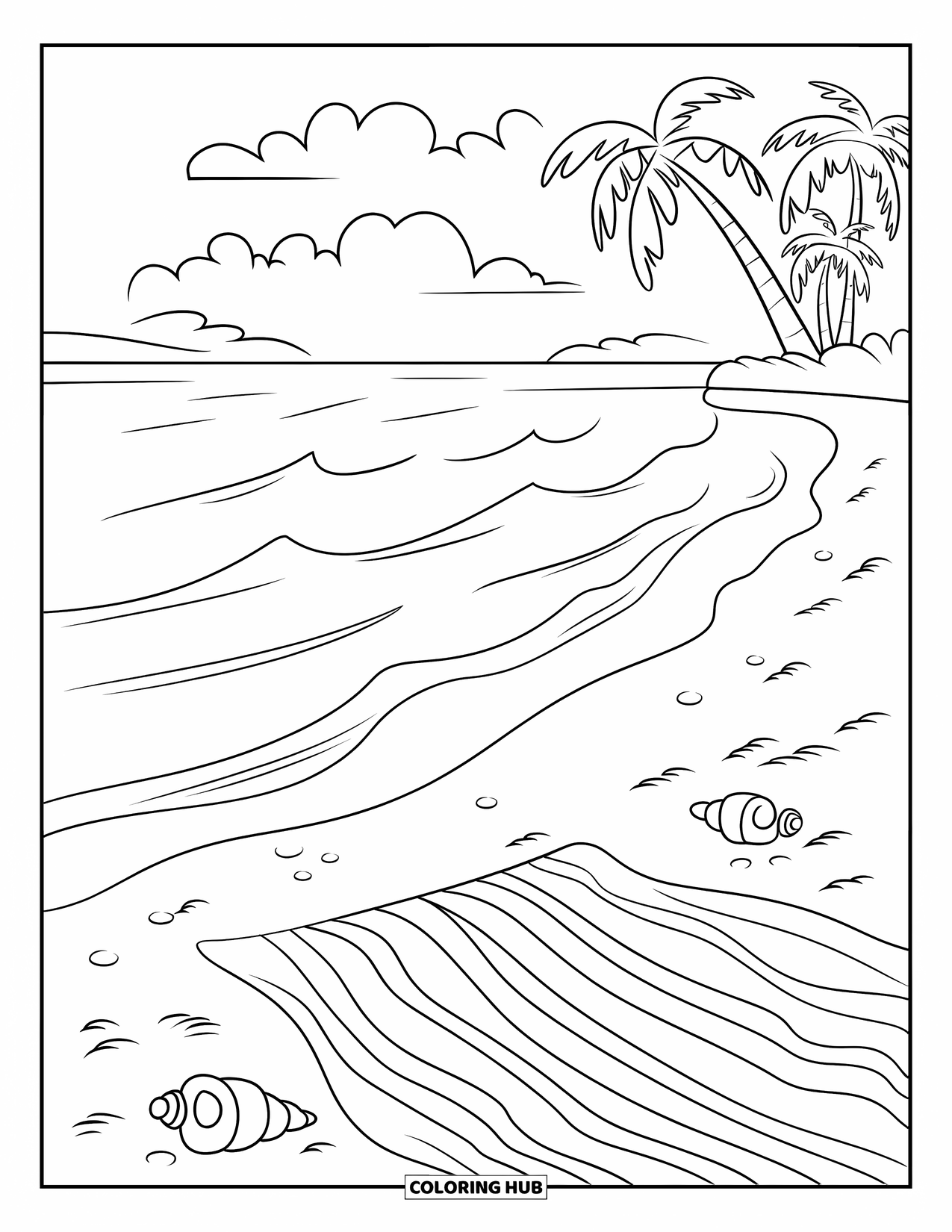 Relaxing Coloring Page for Kids: A calm beach shows waves, seashells, and soft white sand