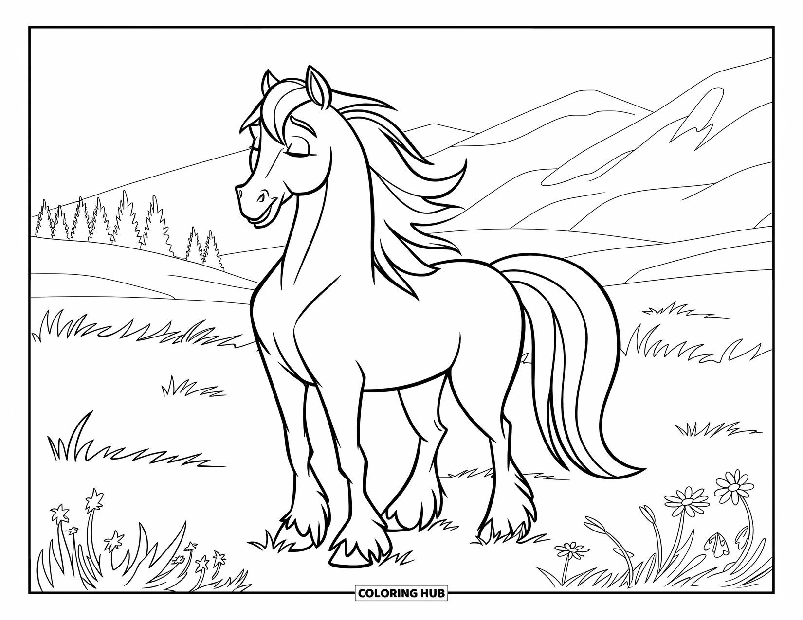 Relaxing Coloring Page for Kids: A calm horse stands among wildflowers in a gentle mountain meadow