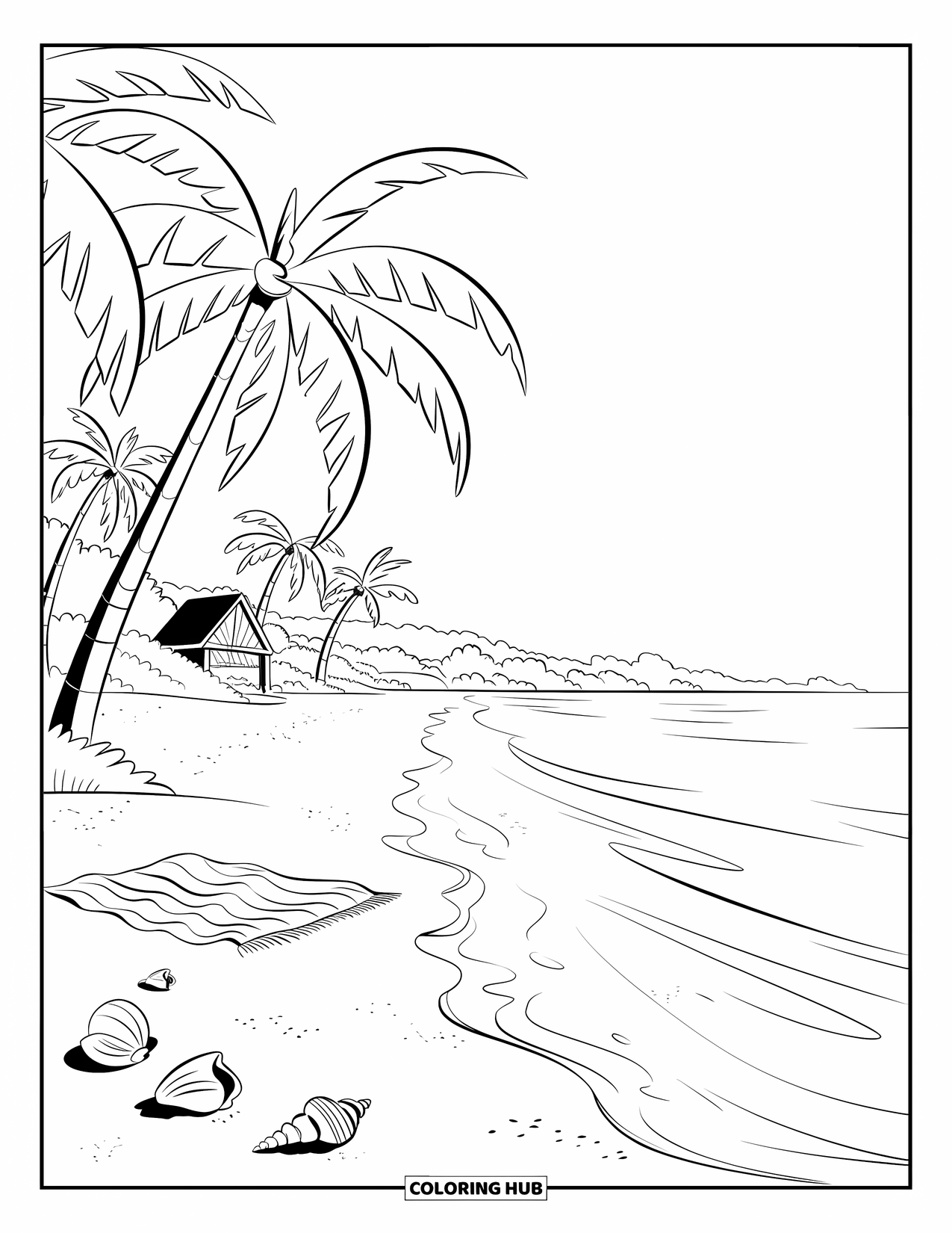 Relaxing Coloring Page for Kids: A calm ocean laps at a sandy shore lined with palm trees