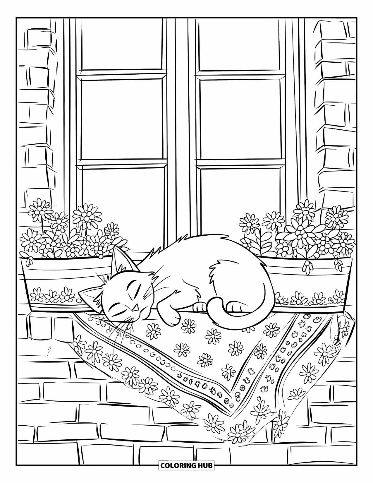 Relaxing Coloring Page for Kids: A cat lies on a windowsill near flowers and a garden fence