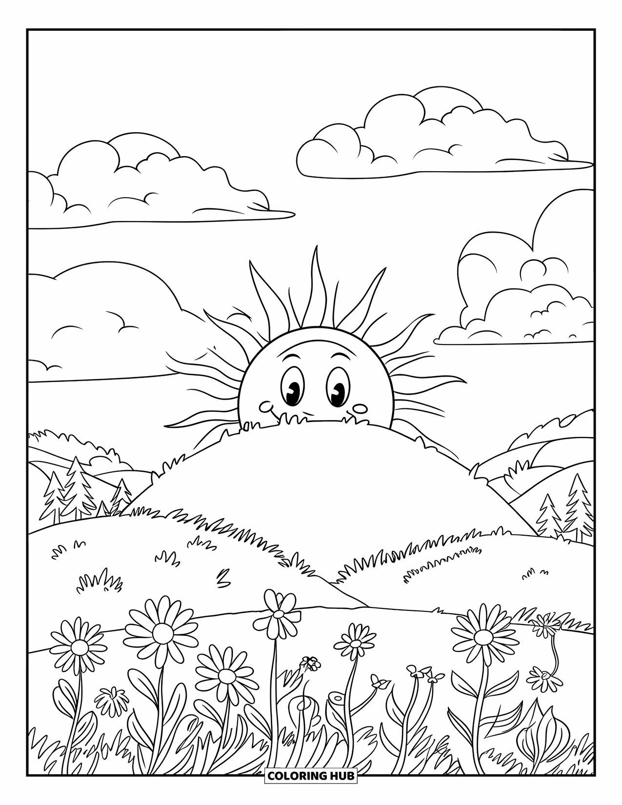 Relaxing Coloring Page for Kids: A cheerful sun beams above hills covered in flowers