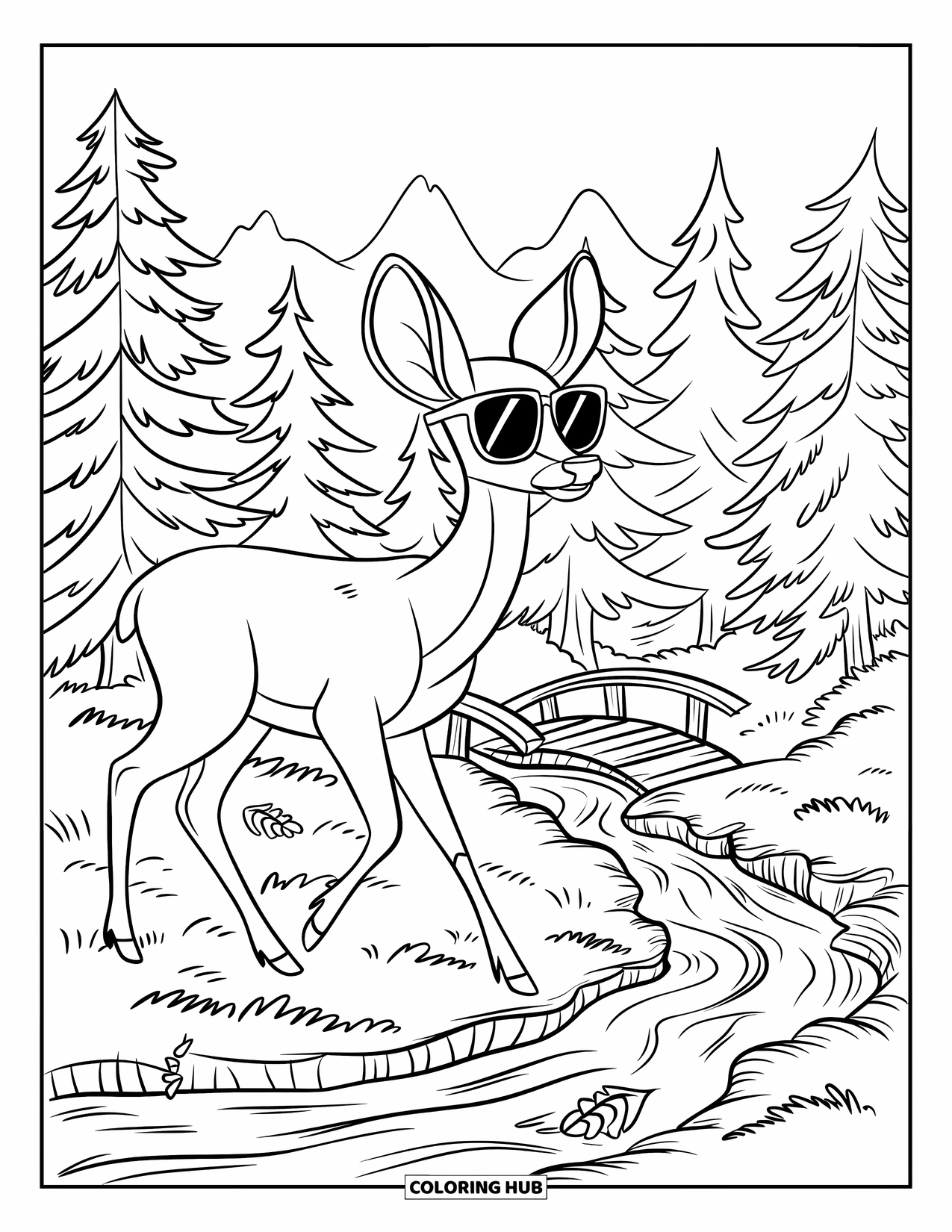 Relaxing Coloring Page for Kids: A deer in sunglasses strolls through a bright, peaceful forest