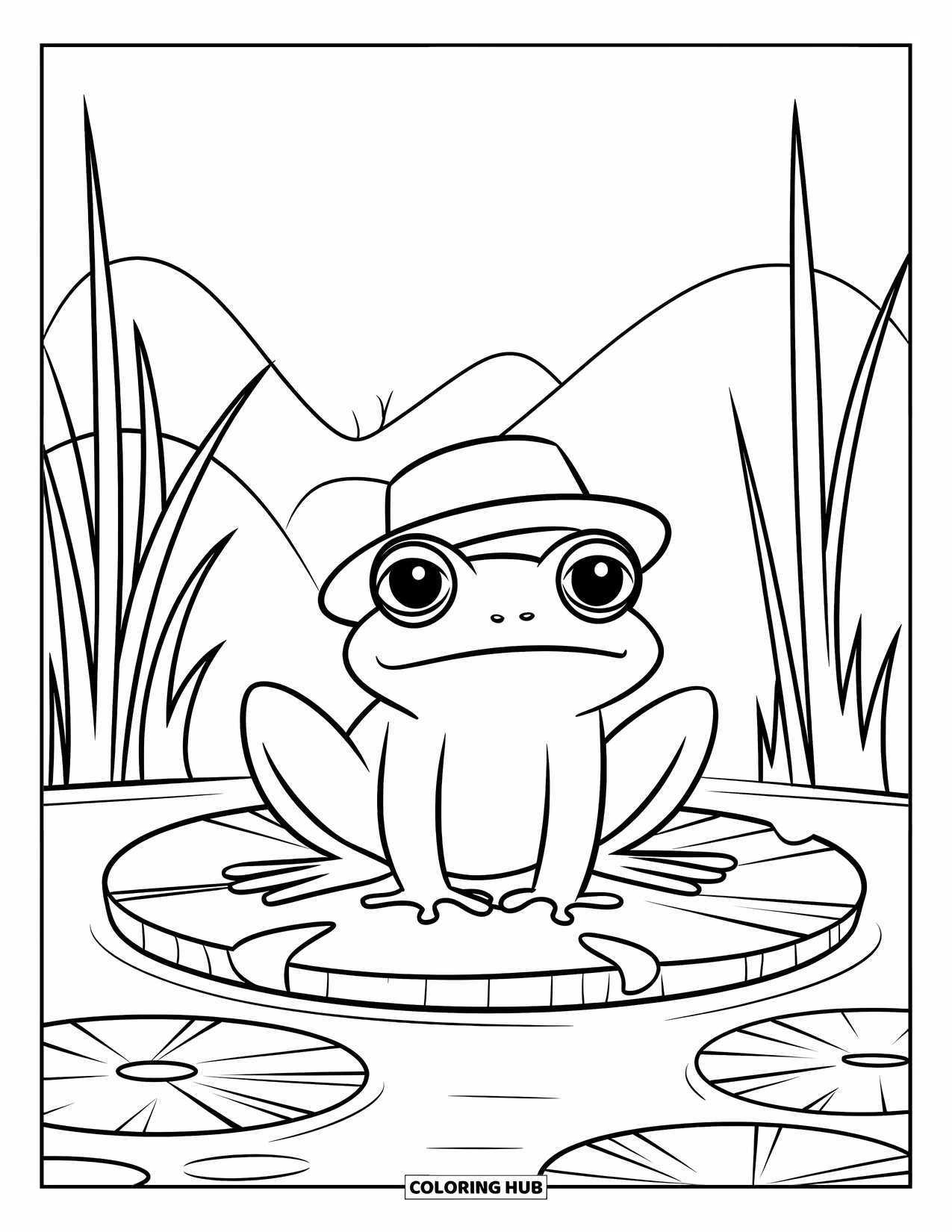 Relaxing Coloring Page for Kids: A frog with big eyes sits quietly on a lily pad in a pond