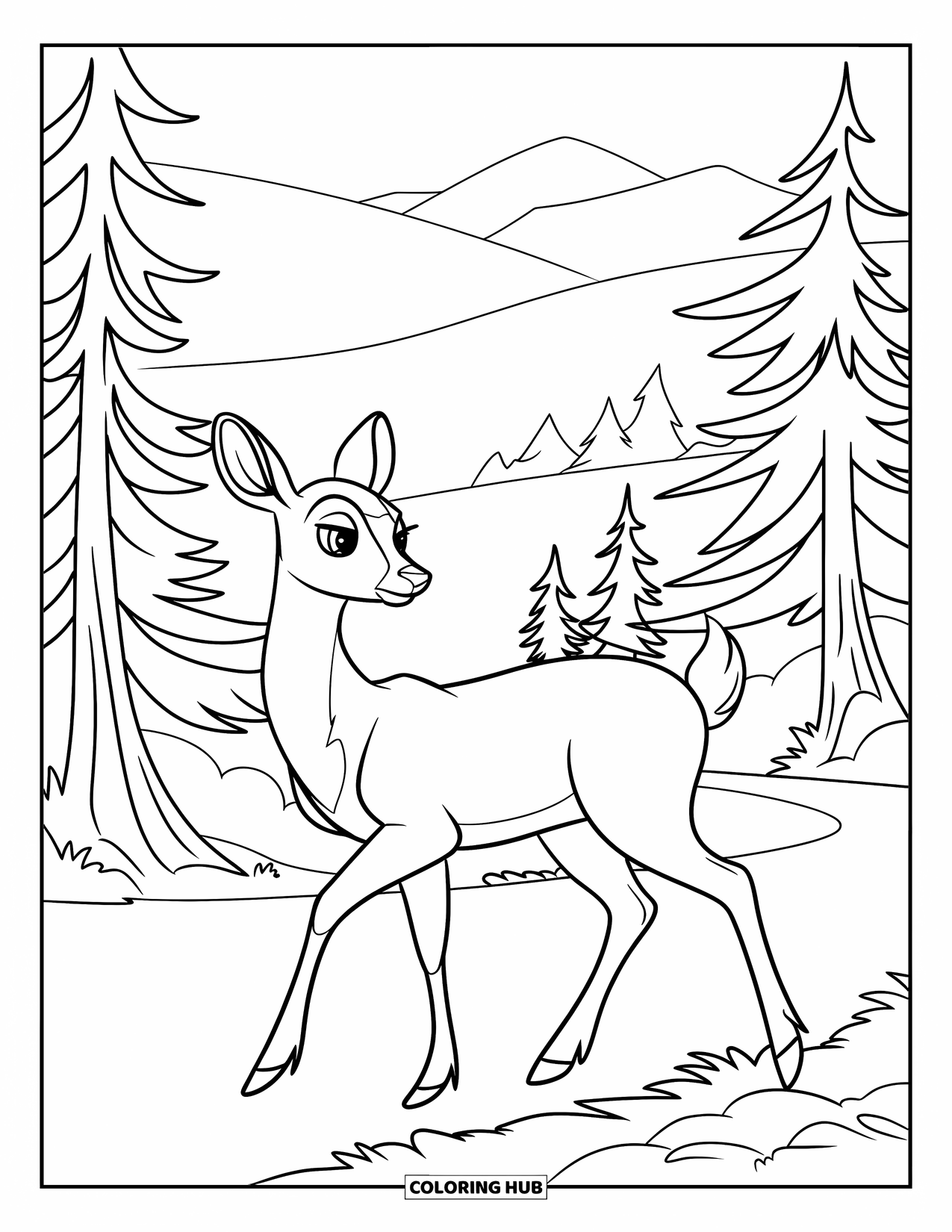 Relaxing Coloring Page for Kids: A gentle deer walks along a forest path surrounded by pines