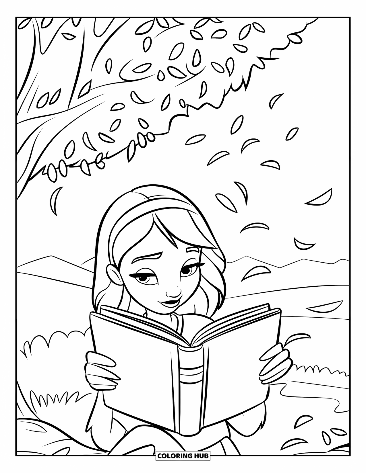 Relaxing Coloring Page for Kids: A girl reads under soft blossoms beside distant mountains