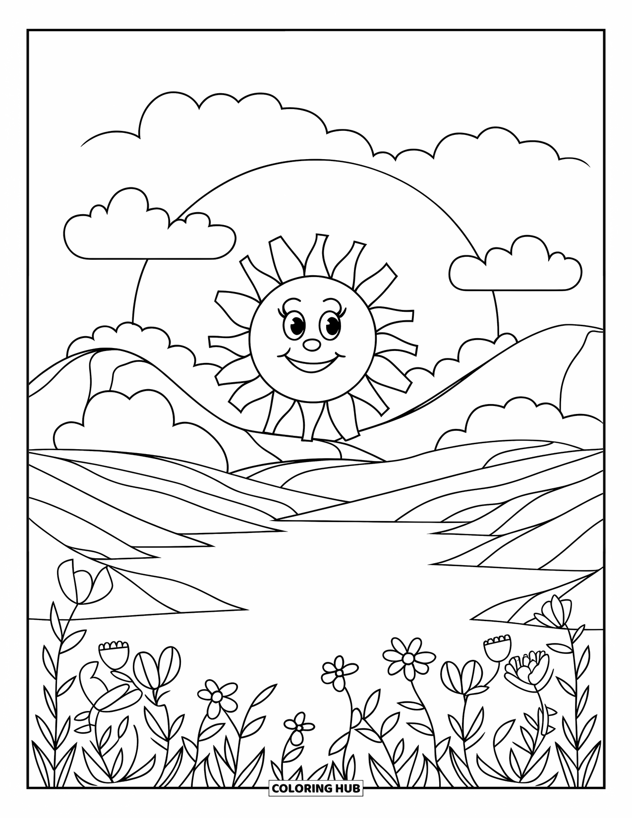 Relaxing Coloring Page for Kids: A happy sun rises behind hills with clouds and a calm lake