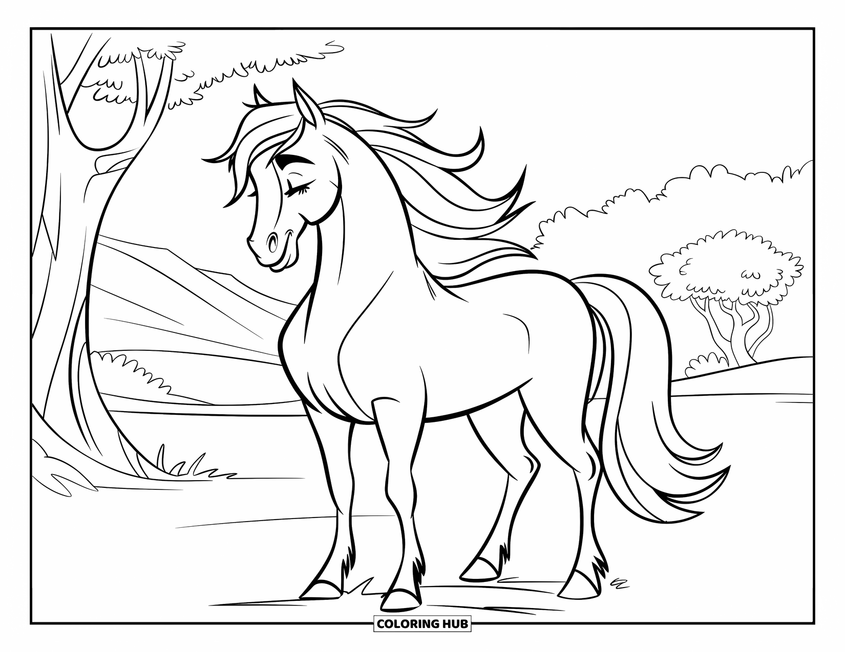 Relaxing Coloring Page for Kids: A horse rests peacefully in a quiet meadow under a shady tree