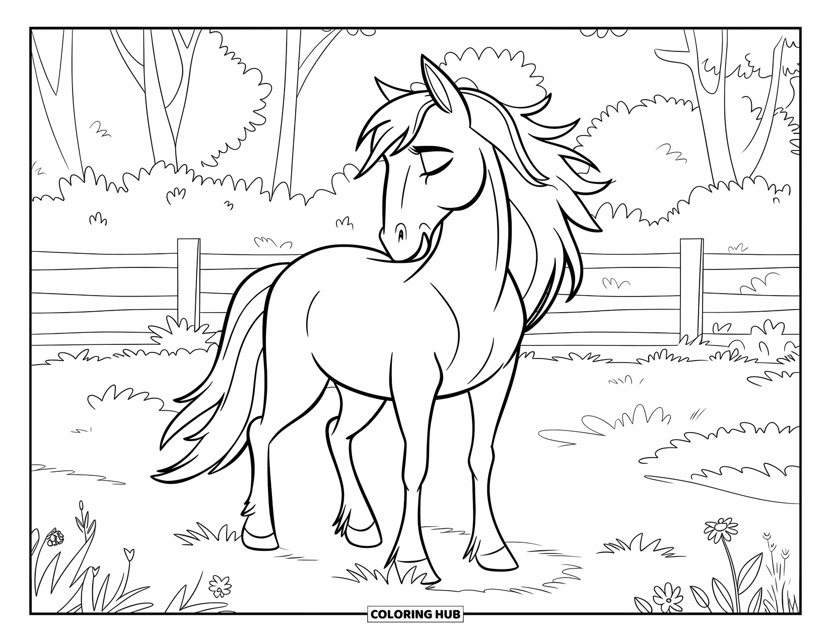 Relaxing Coloring Page for Kids: A horse with a flowing mane relaxes near a fence in a grassy field
