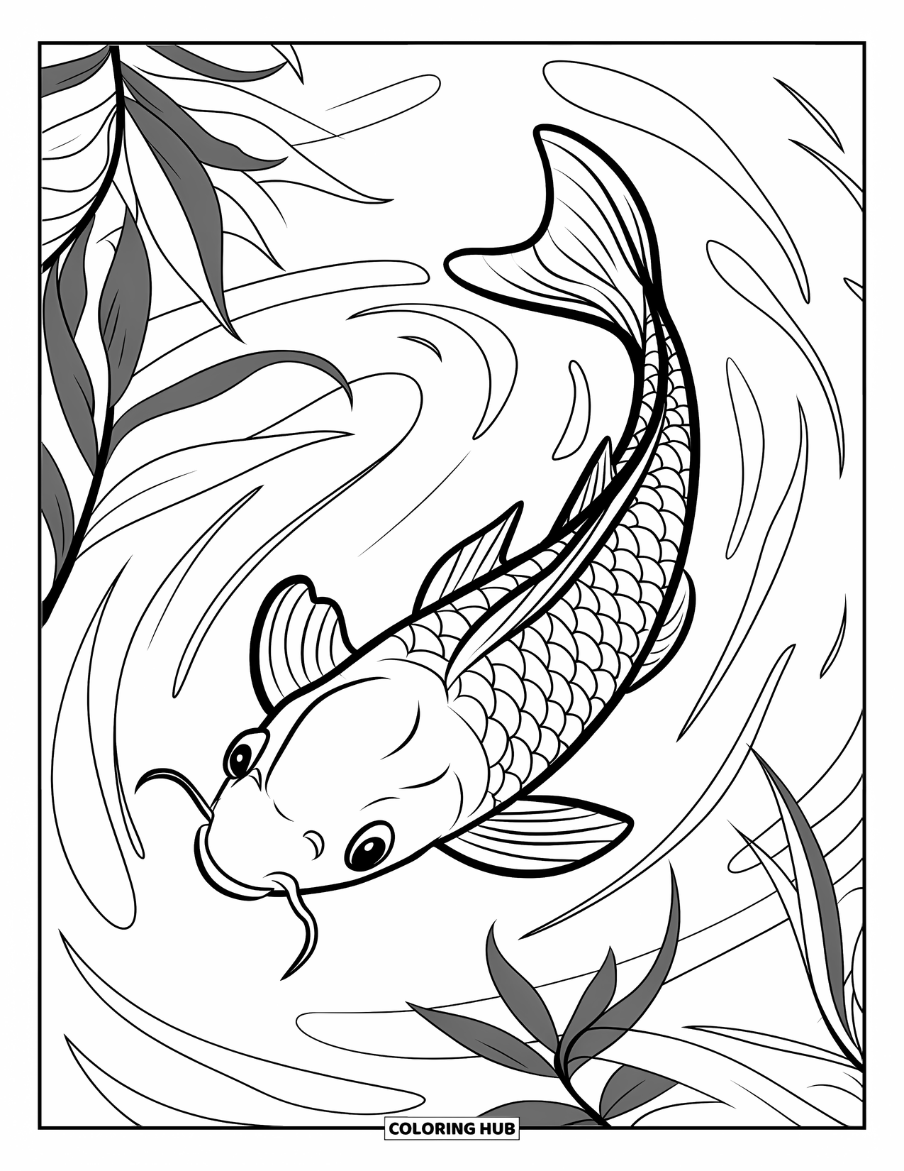 Relaxing Coloring Page for Kids: A koi fish floats through water with plants swaying nearby