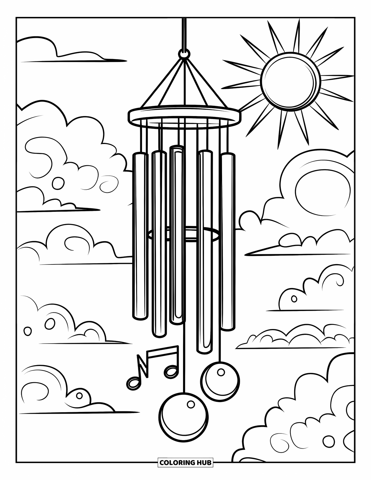 Relaxing Coloring Page for Kids: A musical wind chime sings beneath a sky of drifting clouds