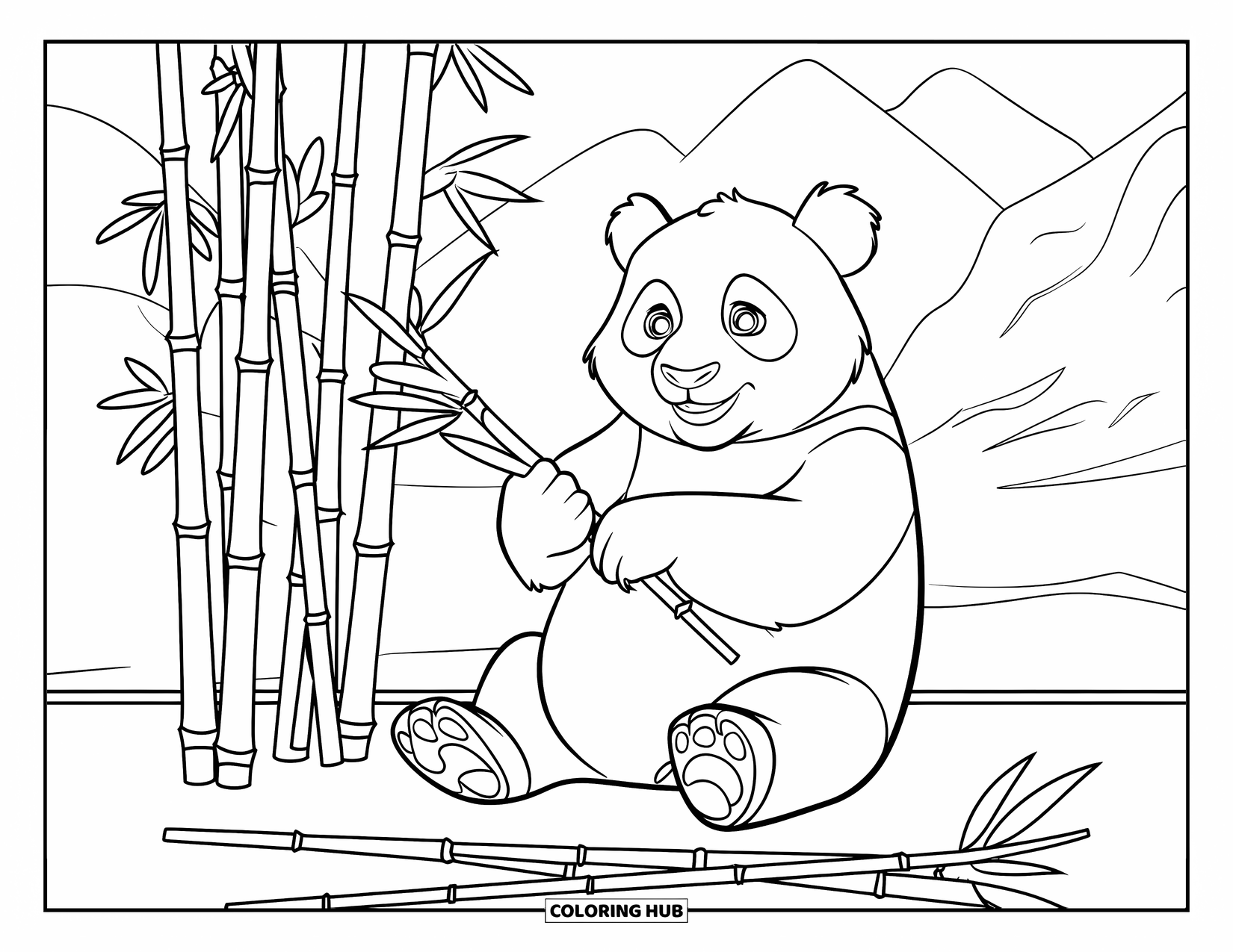 Relaxing Coloring Page for Kids: A panda relaxes near bamboo under a calm mountain view