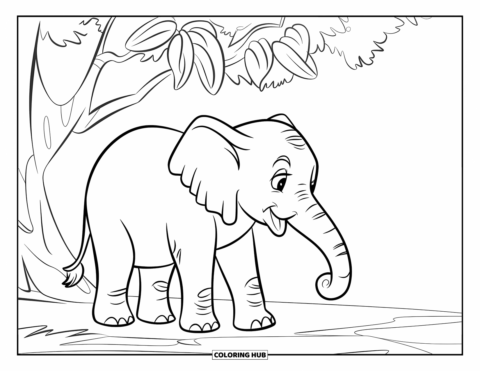 Relaxing Coloring Page for Kids: A peaceful elephant stands near a tall tree with big leaves