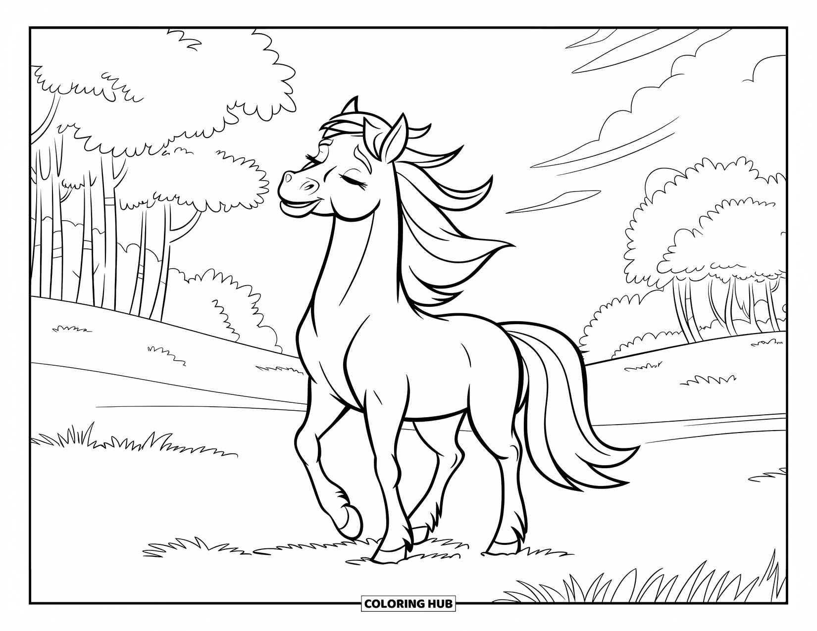 Relaxing Coloring Page for Kids: A peaceful horse rests under tall trees on a sunny day