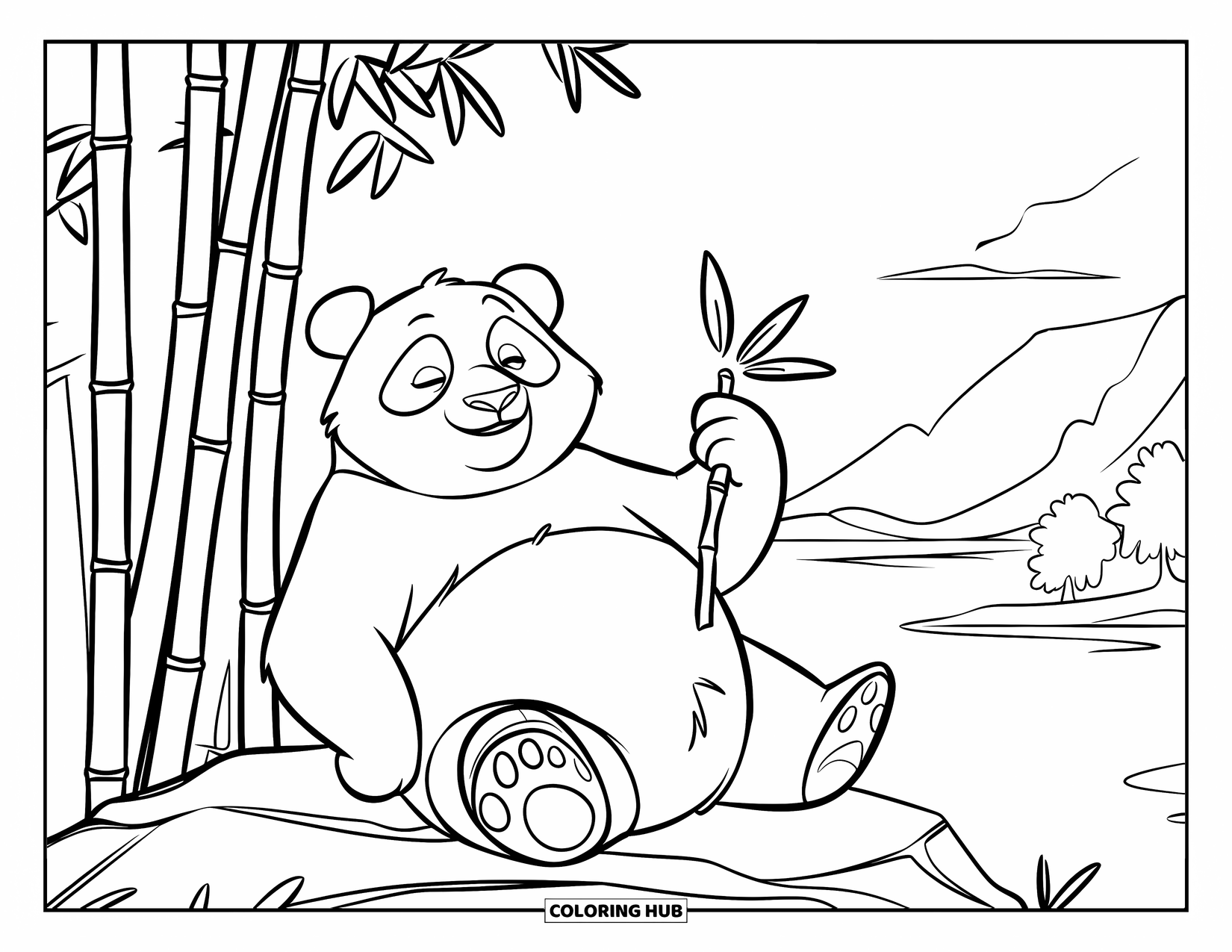 Relaxing Coloring Page for Kids: A peaceful panda rests on a rock surrounded by bamboo