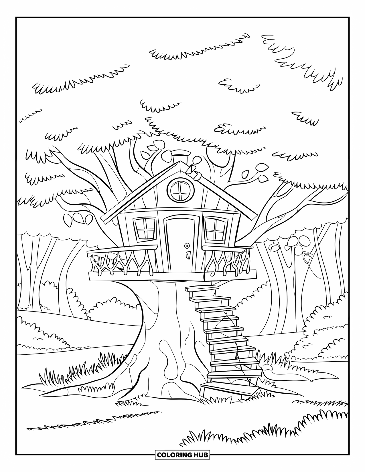 Relaxing Coloring Page for Kids: A peaceful treehouse sits high in a leafy, quiet forest