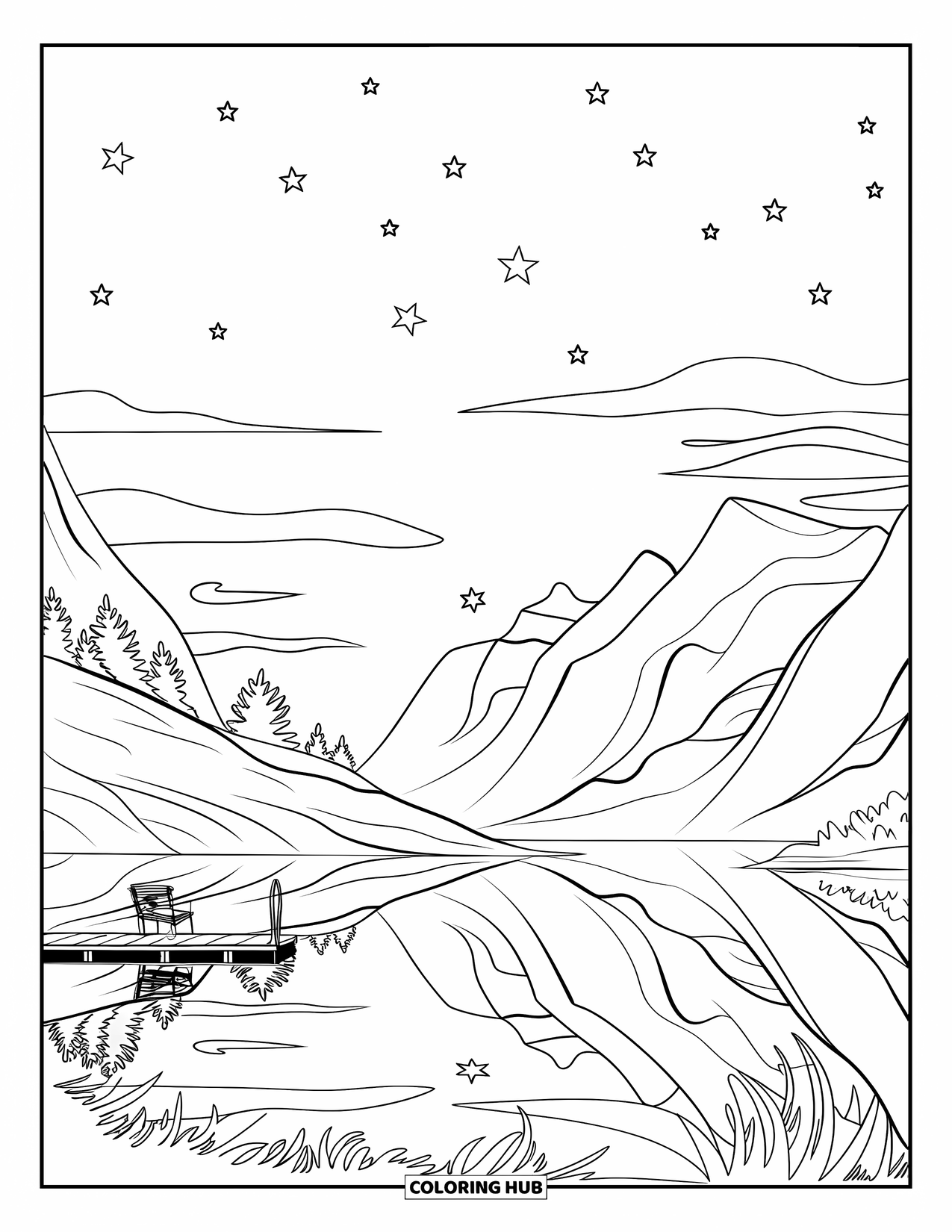Relaxing Coloring Page for Kids: A quiet lake reflects starlight beneath calm mountain skies