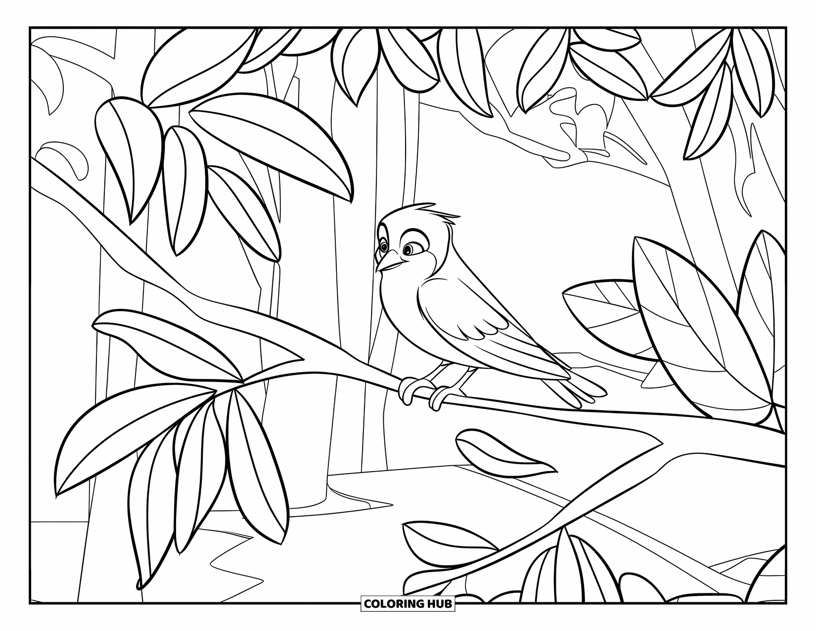 Relaxing Coloring Page for Kids: A round bird rests peacefully among big forest leaves