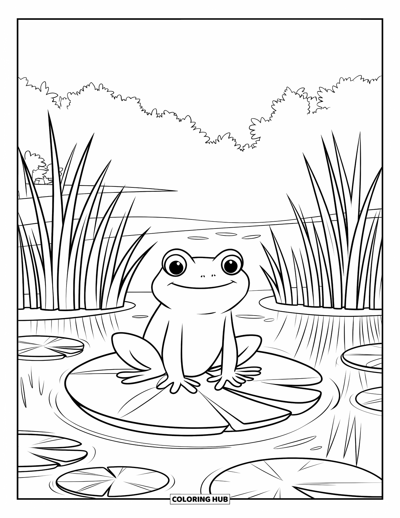 Relaxing Coloring Page for Kids: A smiling frog rests on a lily pad in calm water