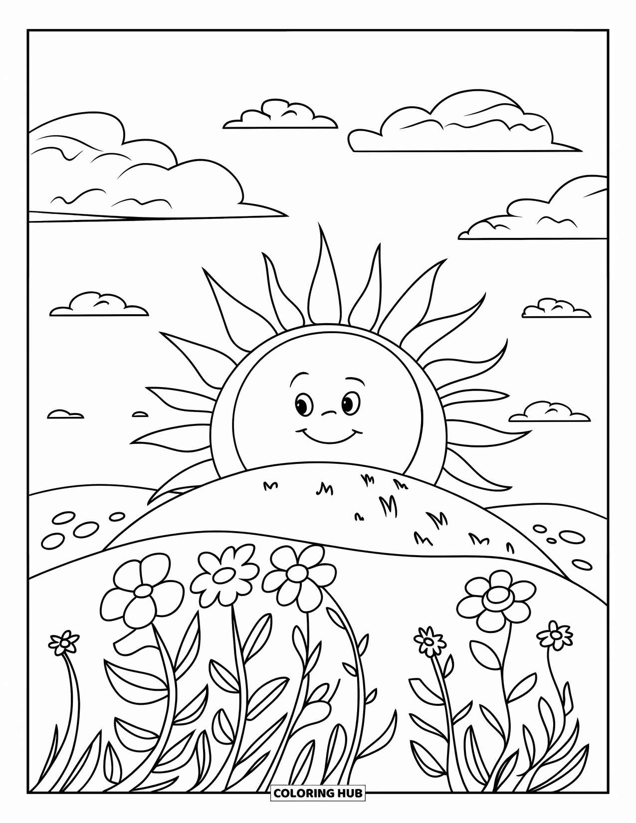 Relaxing Coloring Page for Kids: A smiling sun peeks over a hill among clouds and flowers