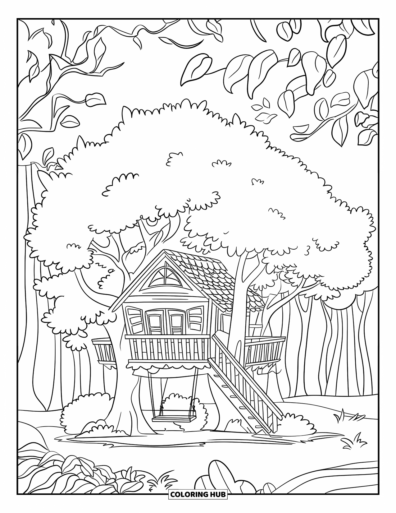 Relaxing Coloring Page for Kids: A swing hangs near a treehouse surrounded by thick leaves
