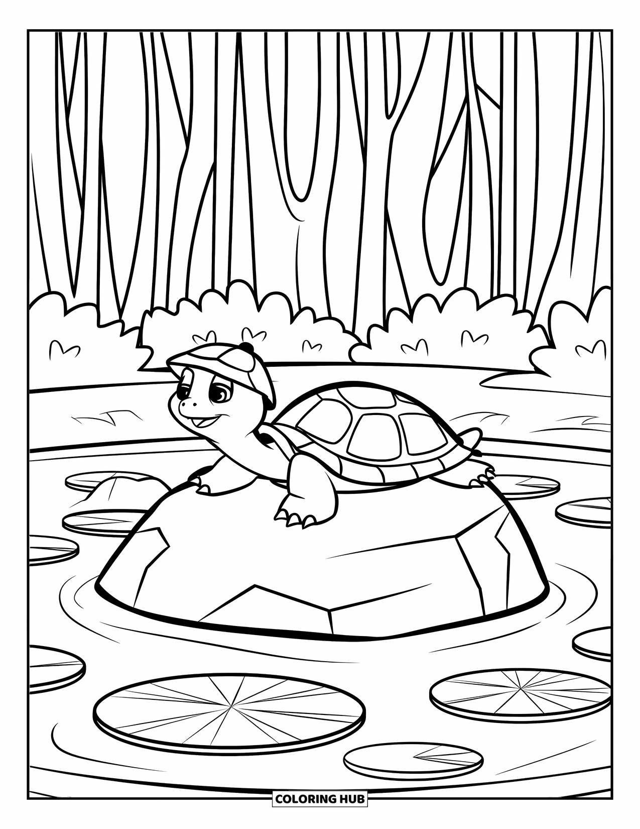 Relaxing Coloring Page for Kids: A turtle with a hat rests on a rock in a quiet pond