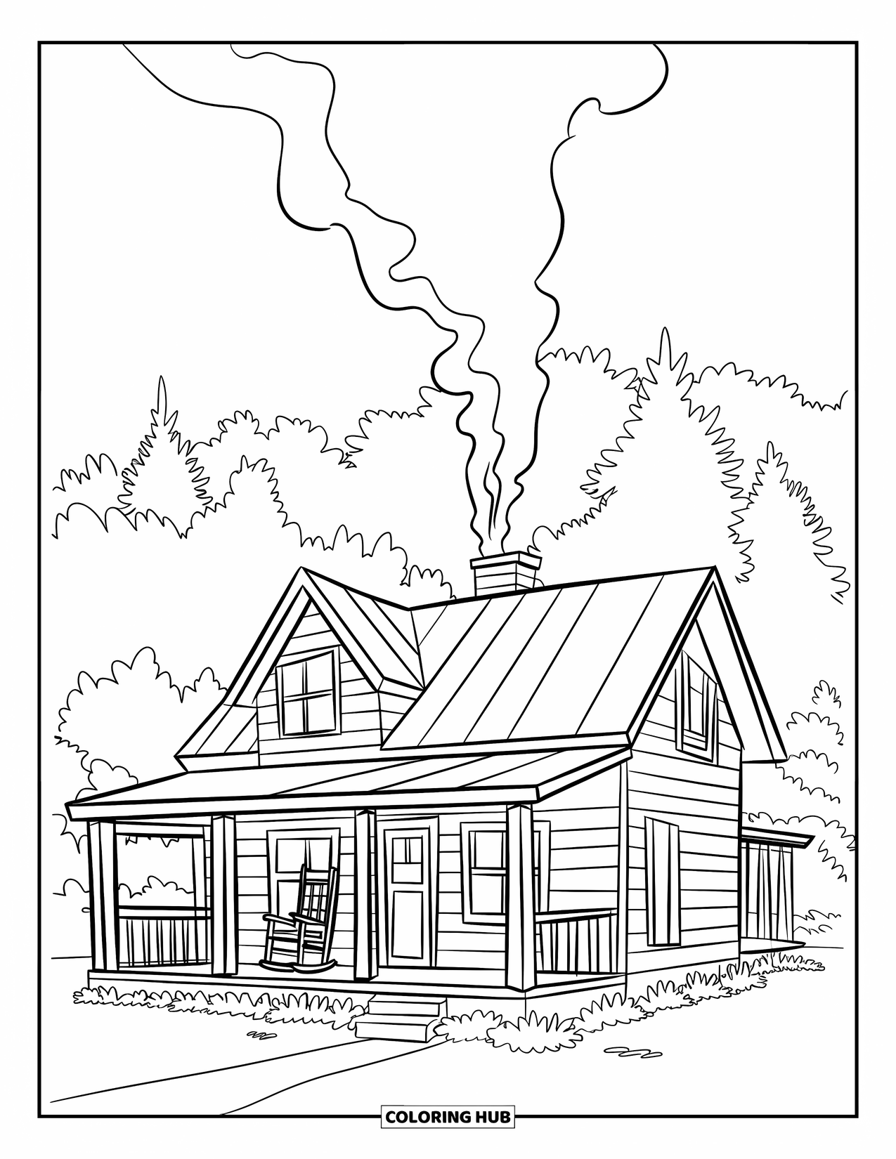 Relaxing Coloring Page for Kids: A warm cabin with a porch rests deep in the forest