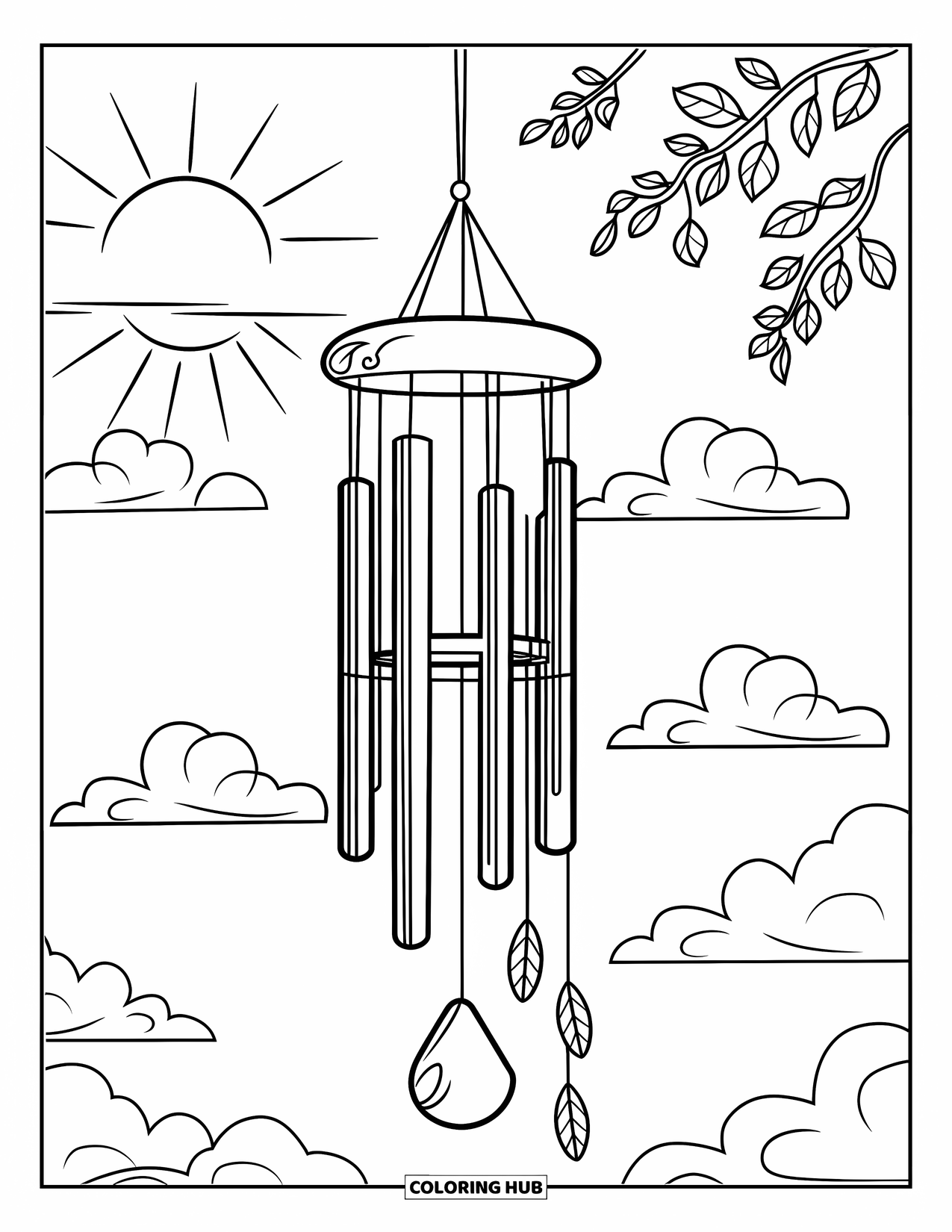 Relaxing Coloring Page for Kids: A wind chime sways gently under clouds and sunshine
