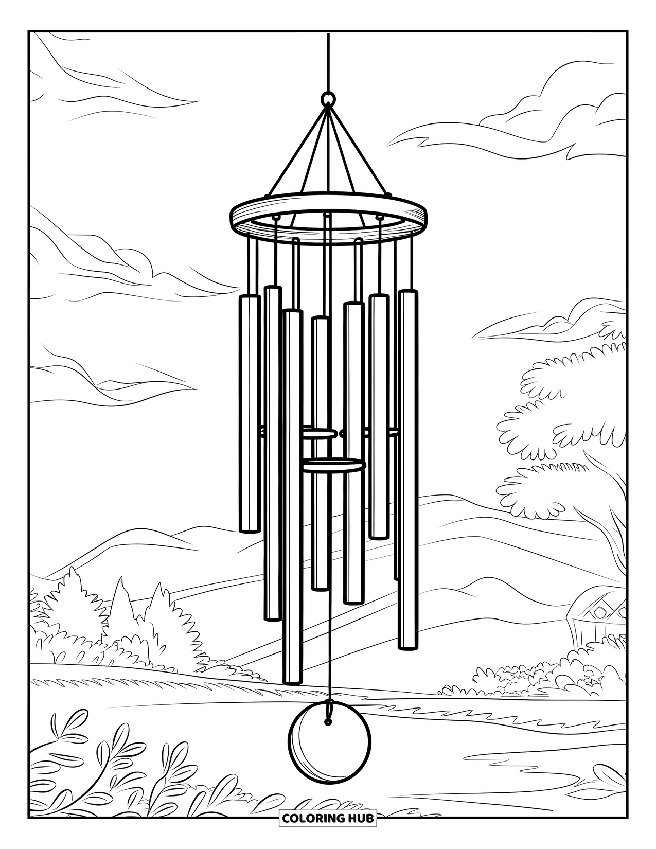 Relaxing Coloring Page for Kids: A wooden wind chime sways under sunlight and mountain air