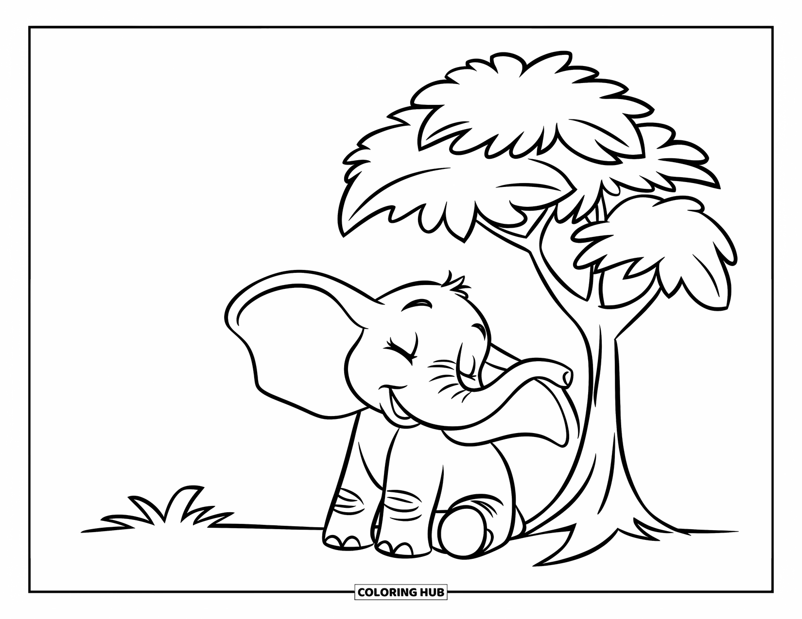 Relaxing Coloring Page for Kids: An elephant sits calmly beneath a tree with large, shady leaves