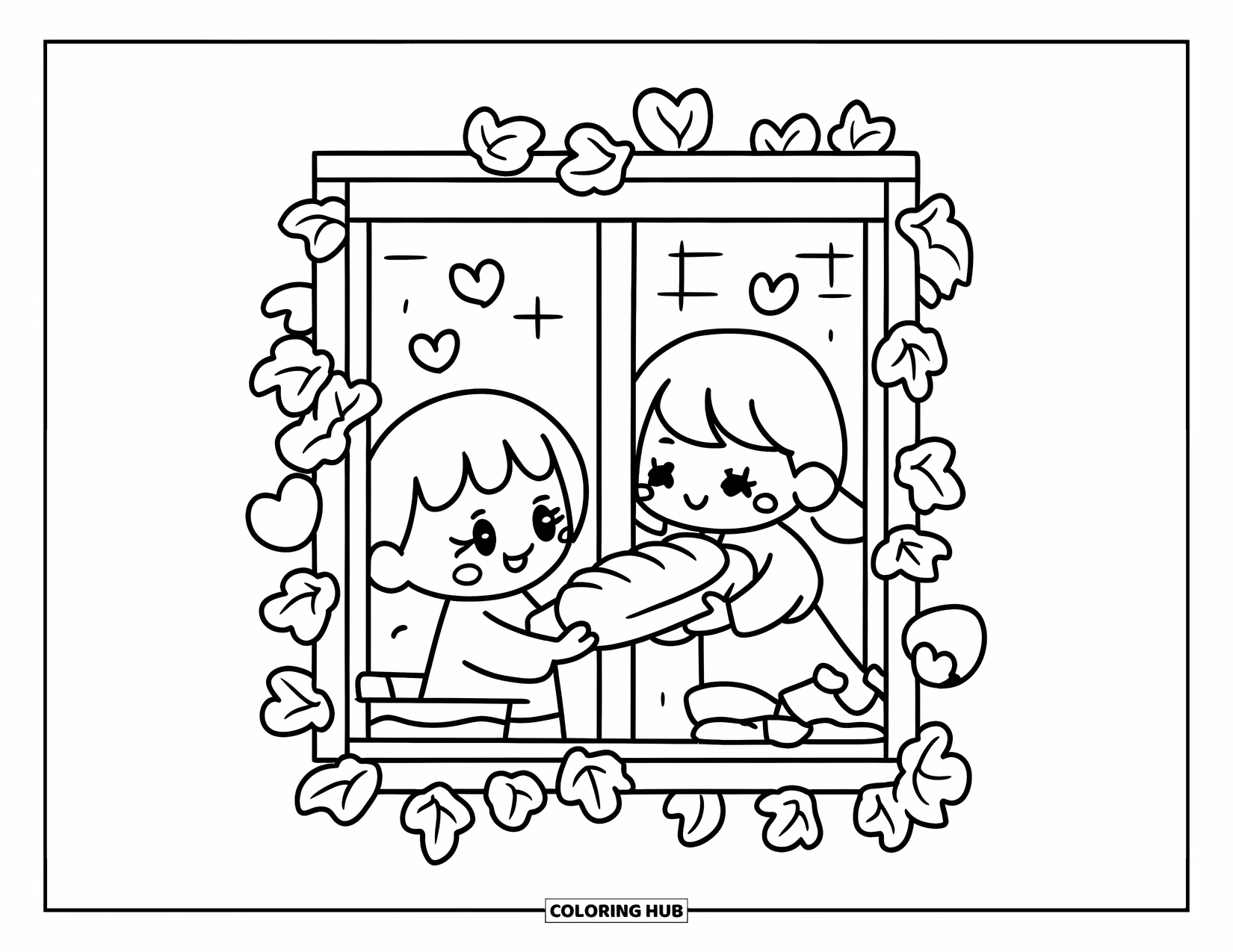 Respect Coloring Page for Adults: A kawaii child giving fresh bread to a neighbor through a window