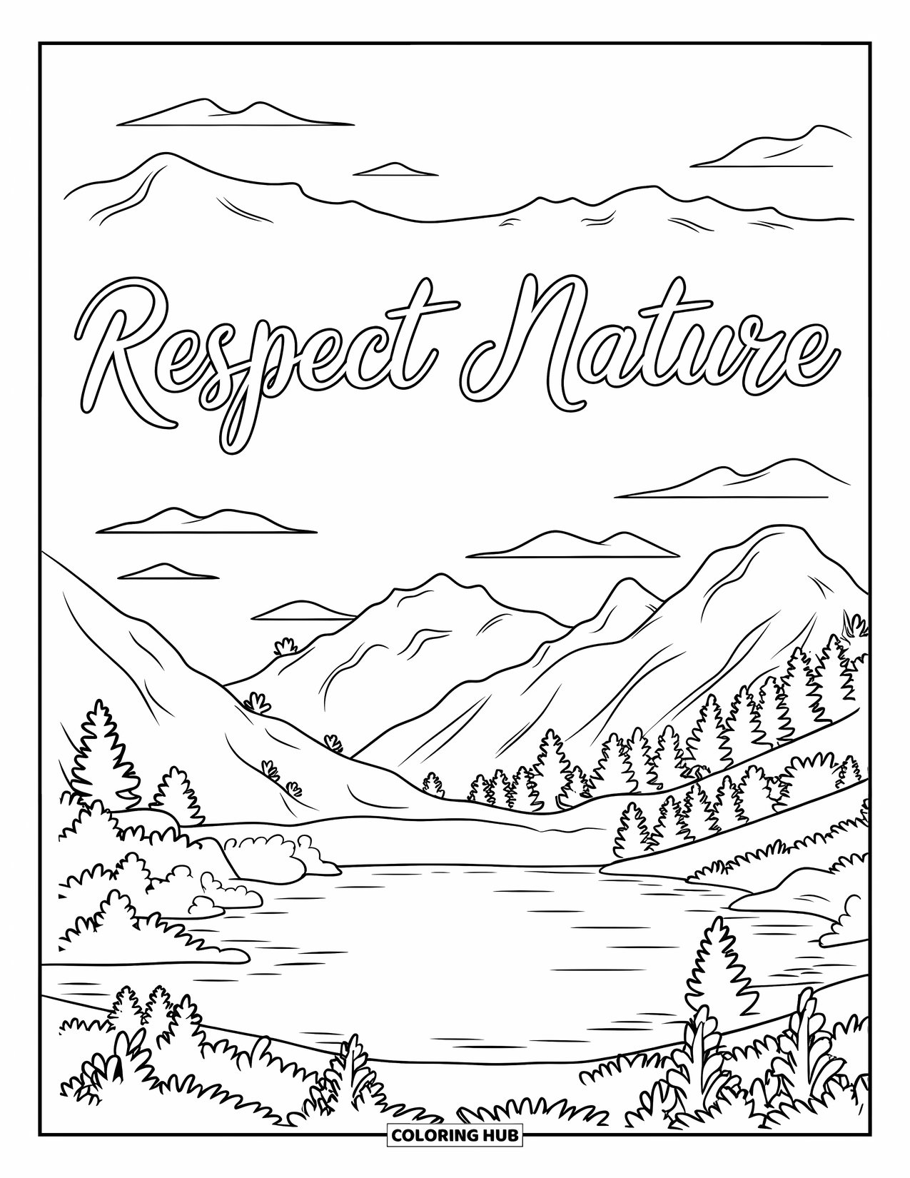 Respect Coloring Page for Adults: A mountain lake scene with "Respect Nature" written along the horizon
