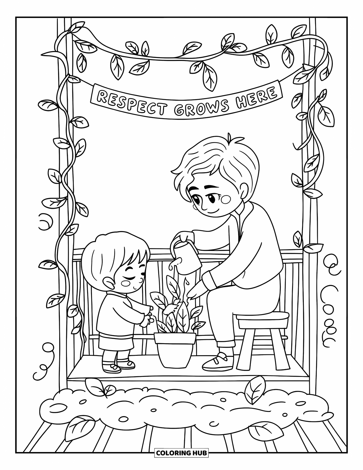 Respect Coloring Page for Adults: A teen and younger child tending plants on a cozy balcony