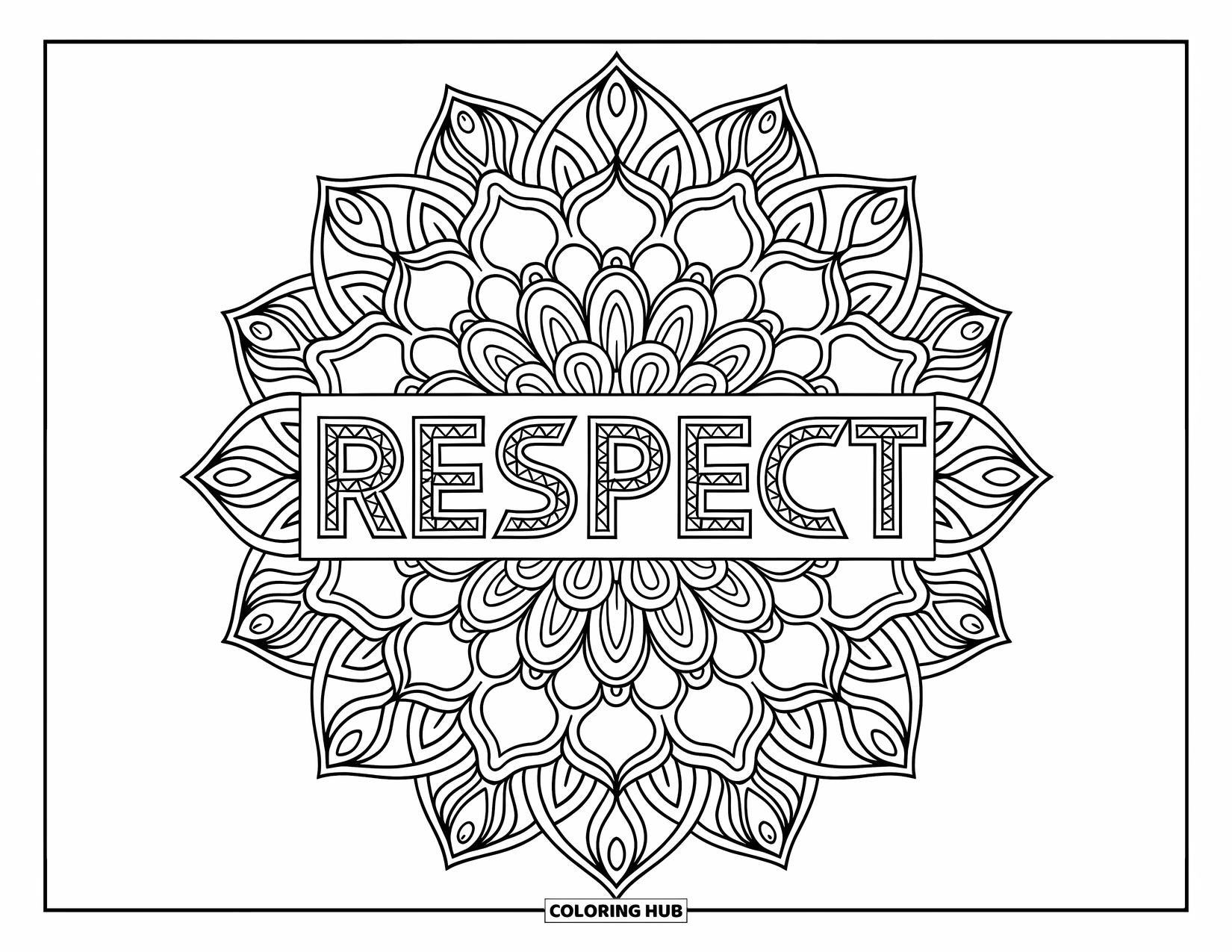 Respect Coloring Page for Adults: An intricate mandala with the word "Respect" at its center
