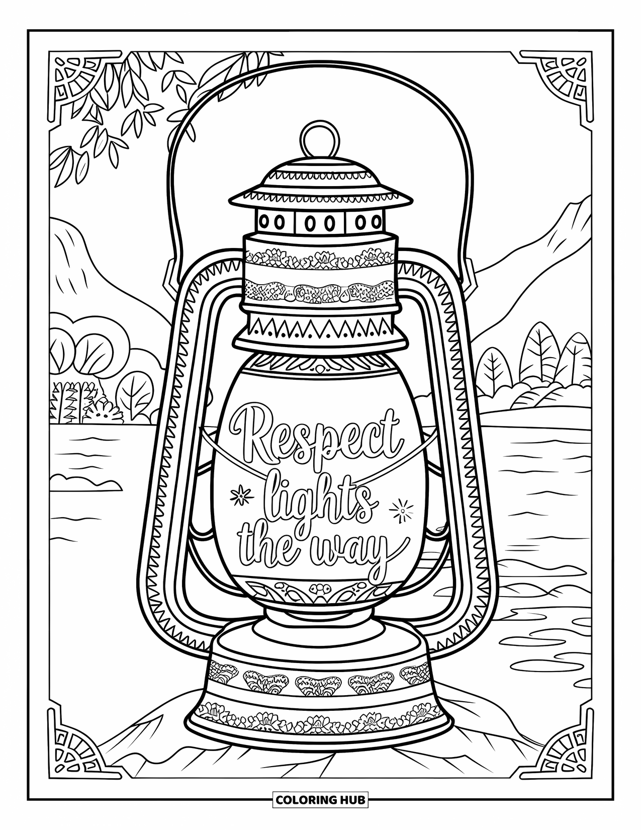 Respect Coloring Page for Adults: An ornate lantern on a rock engraved with "Respect Lights the Way"