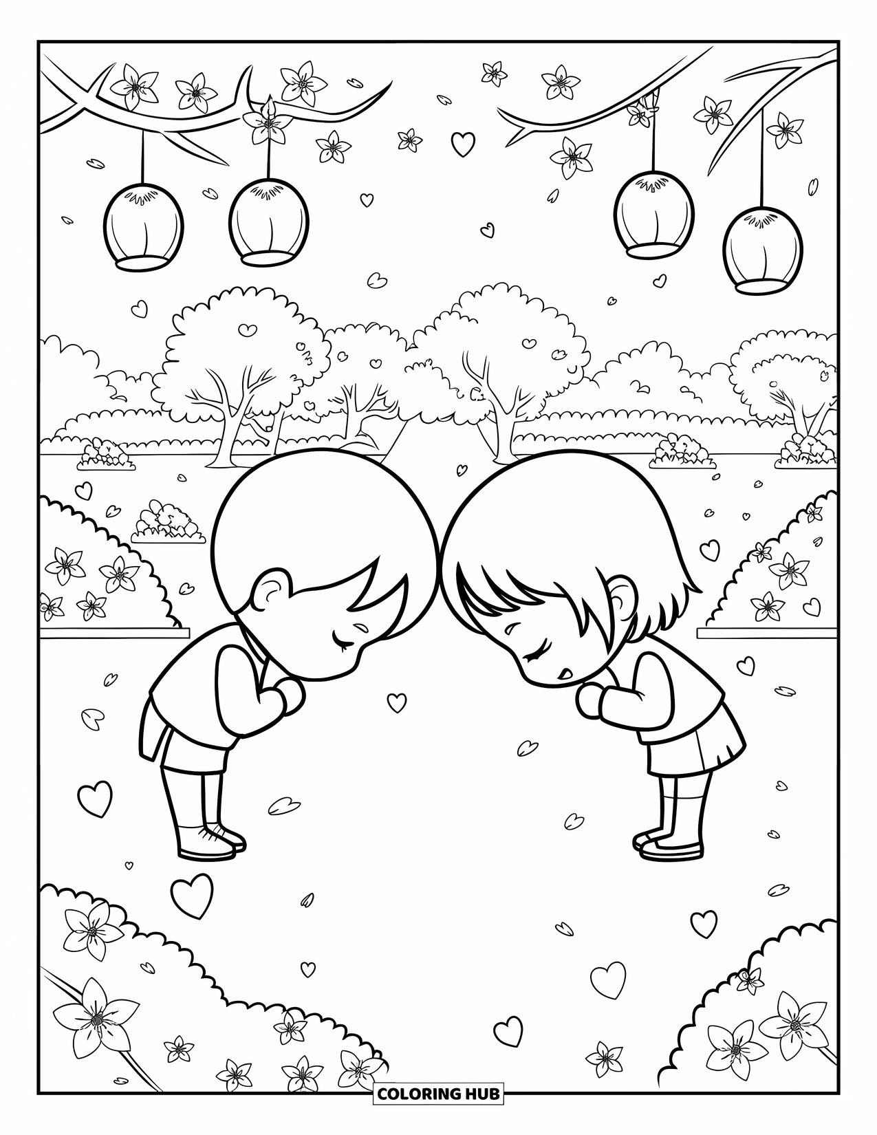 Respect Coloring Page for Adults: Chibi kids bowing kindly under cherry blossoms and hanging lanterns