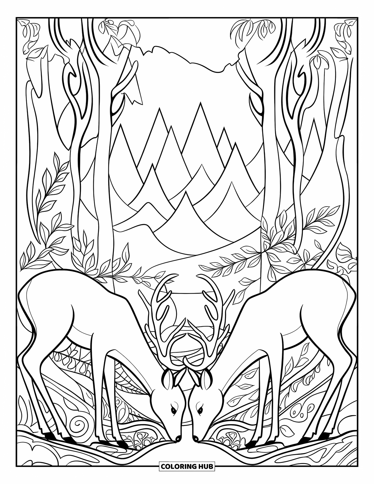 Respect Coloring Page for Adults: Graceful deer bowing in a patterned forest with distant mountains