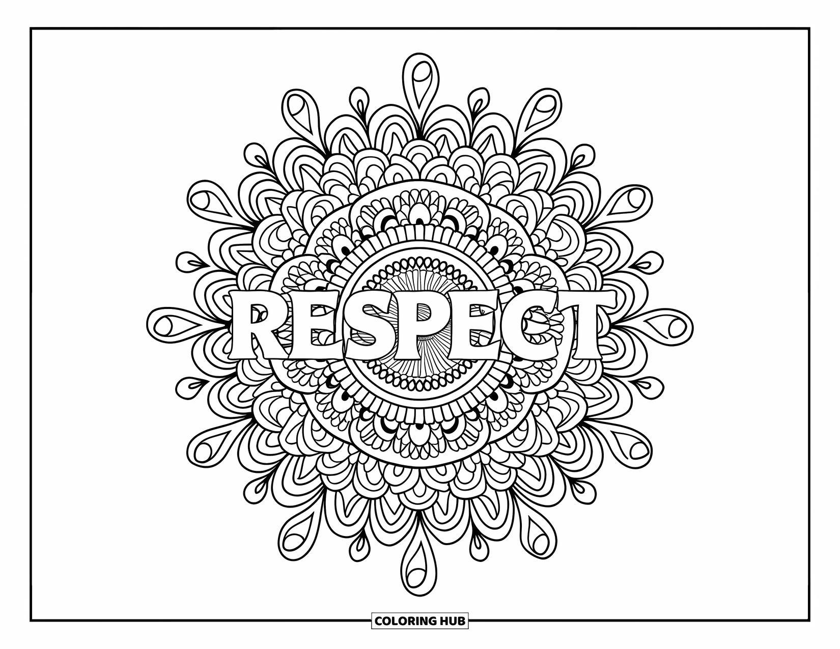 Respect Coloring Page for Adults: Mandala design with "Respect" beautifully written in the center
