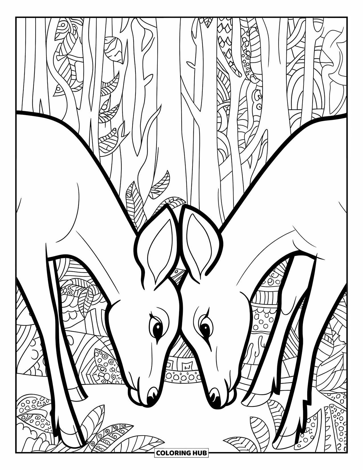 Respect Coloring Page for Adults: Two deer gently bowing to each other in a quiet forest