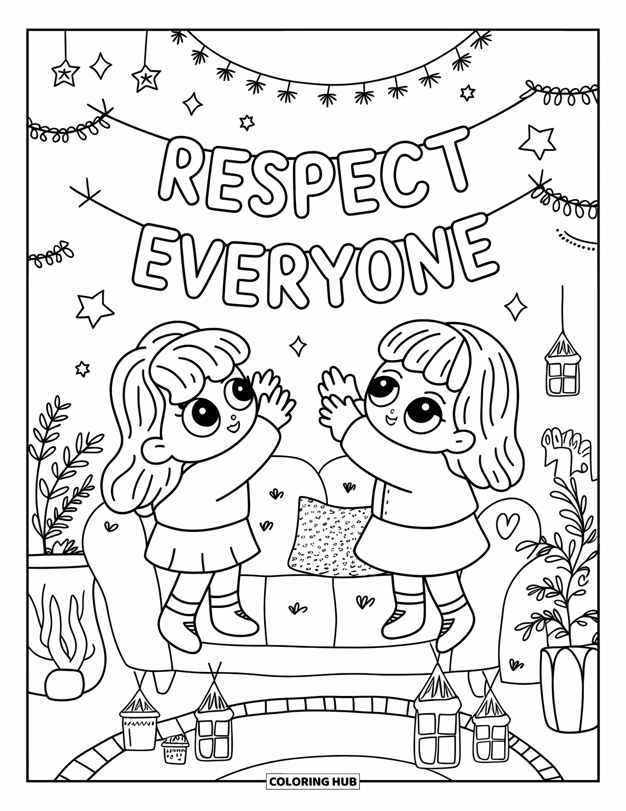 Respect Coloring Page for Adults: Two kawaii kids hanging a "Respect Everyone" banner in a cozy room
