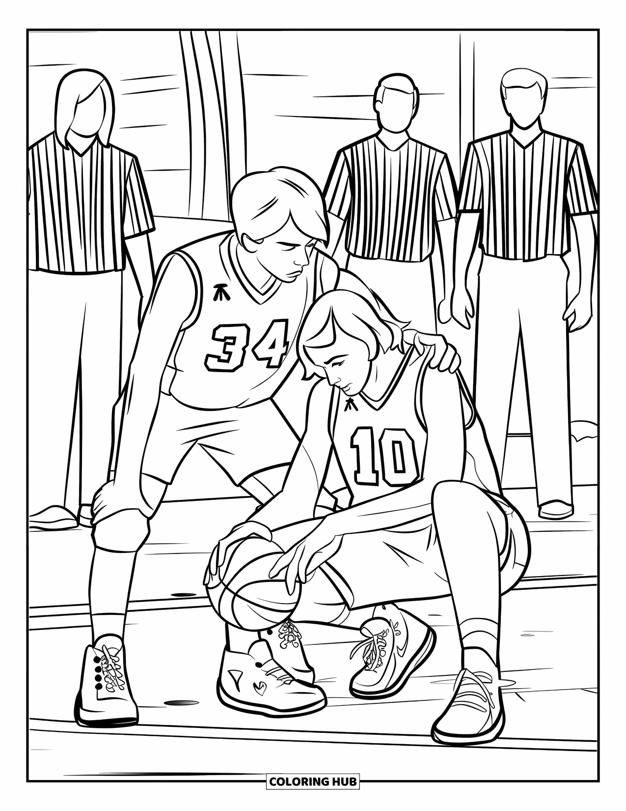 Respect Coloring Page for Kids: A basketball player consoling a sad teammate on the court