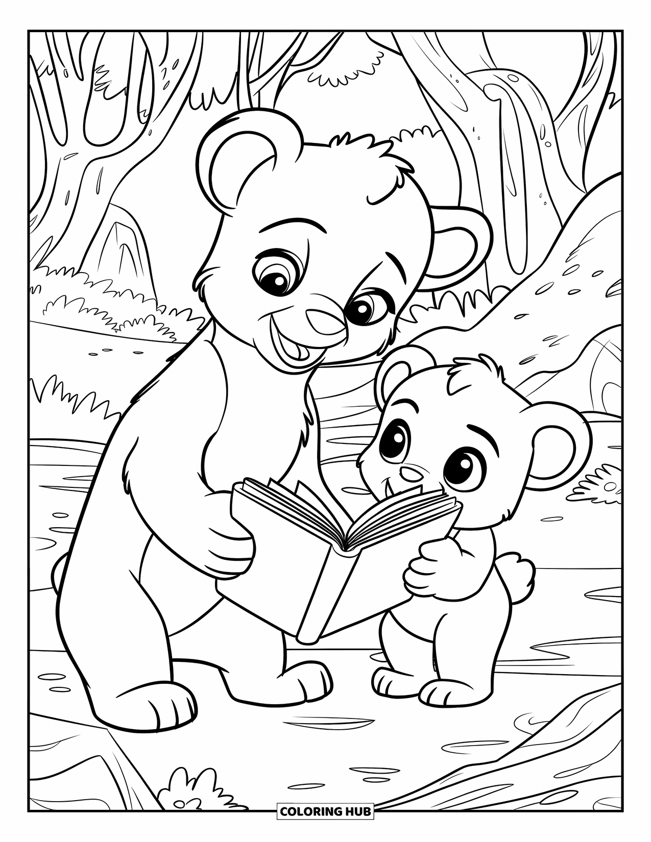 Respect Coloring Page for Kids: A bear cub giving a book to another in the forest