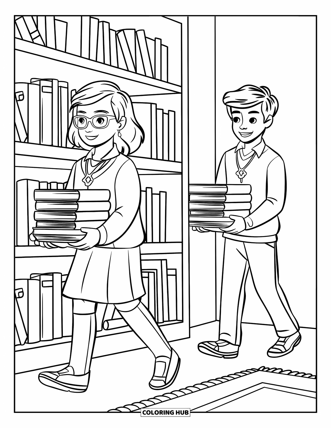 Respect Coloring Page for Kids: A boy and girl returning stacks of books to the library