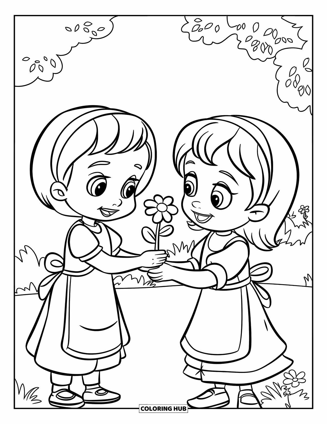 Respect Coloring Page for Kids: A cheerful child handing a flower to a happy friend
