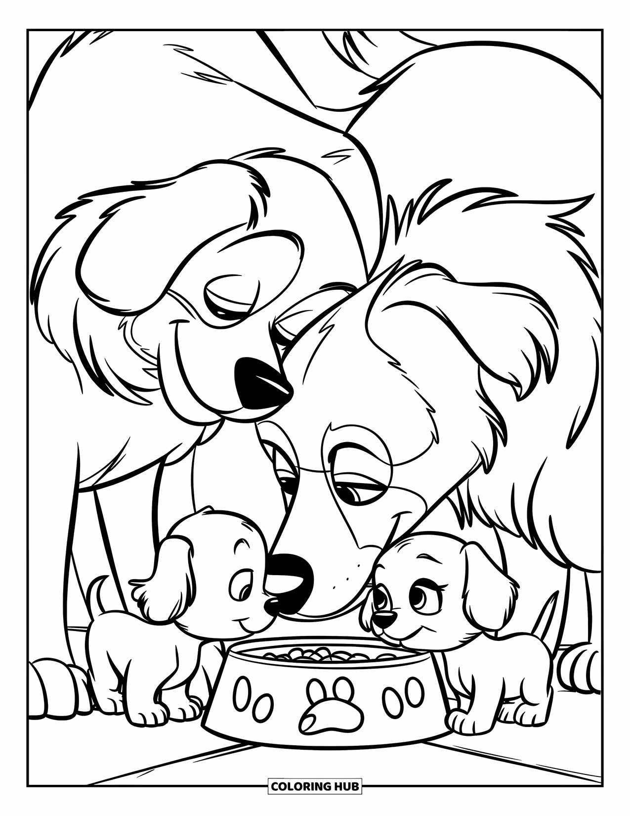 Respect Coloring Page for Kids: A group of dogs and puppies sharing a bowl of food