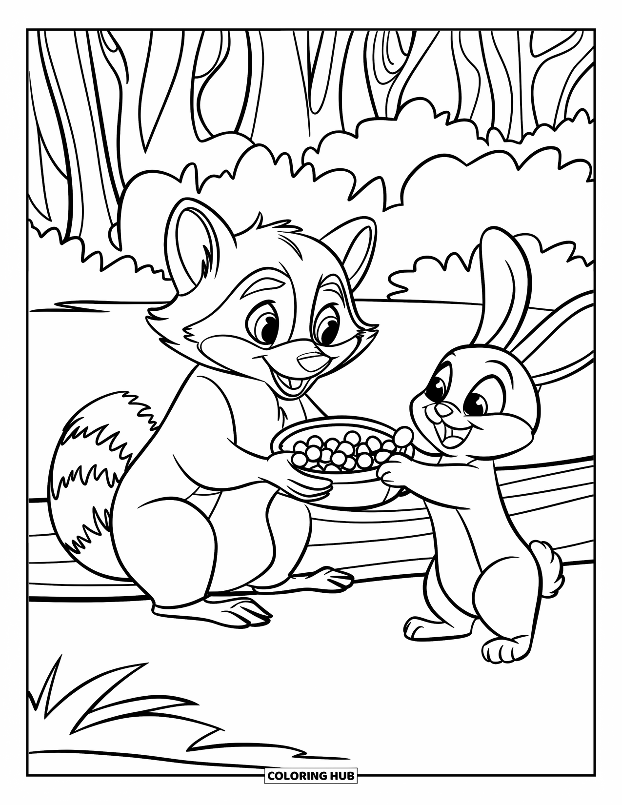 Respect Coloring Page for Kids: A raccoon sitting on a log offering berries to a rabbit
